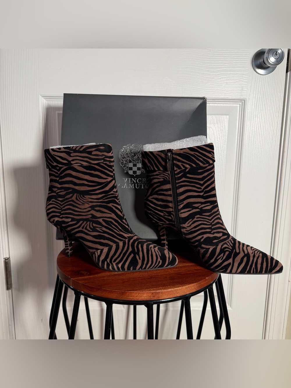 Mocha Brown Black Zebra Print Pointed Toe Stiletto Kitten Heel Ankle Booties